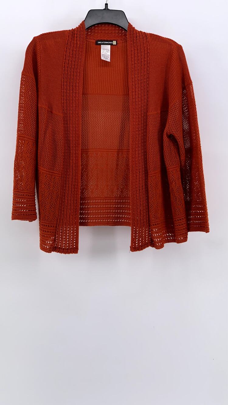 SWEATER WORKS Women's Orange Crochet Knit Open-Front Cardigan SZ XL
